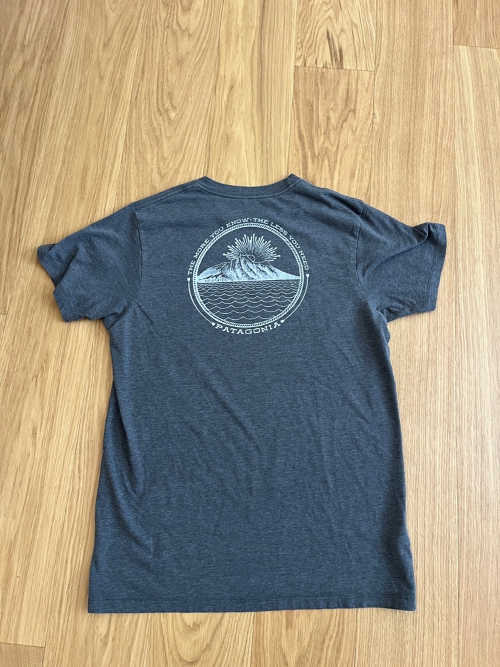 Patagonia Men’s Know More Need Less Charcoal Graphic Slim Fit Short Sleeve Tee M